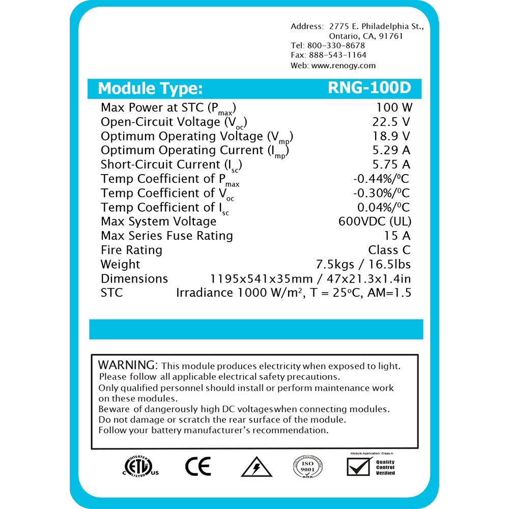 Renogy – Lot de 2 modules photovoltaïques monocristallins 100 W