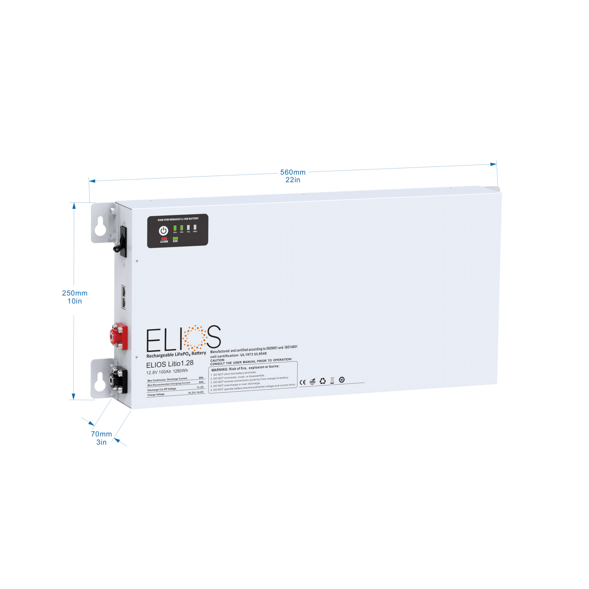 Elios Litio2.56H-BT | 12.8V 200Ah/ 2560Wh Heated Bluetooth LiFePO4 Battery | Super Slim 4.75’’